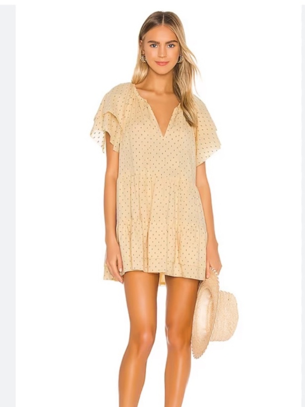 Cleobella Eloise Mini Dress Yellow Black Dot Flutter Sleeve Size S